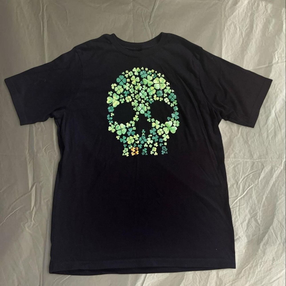Black womens T-Shirt with Green Skull Design